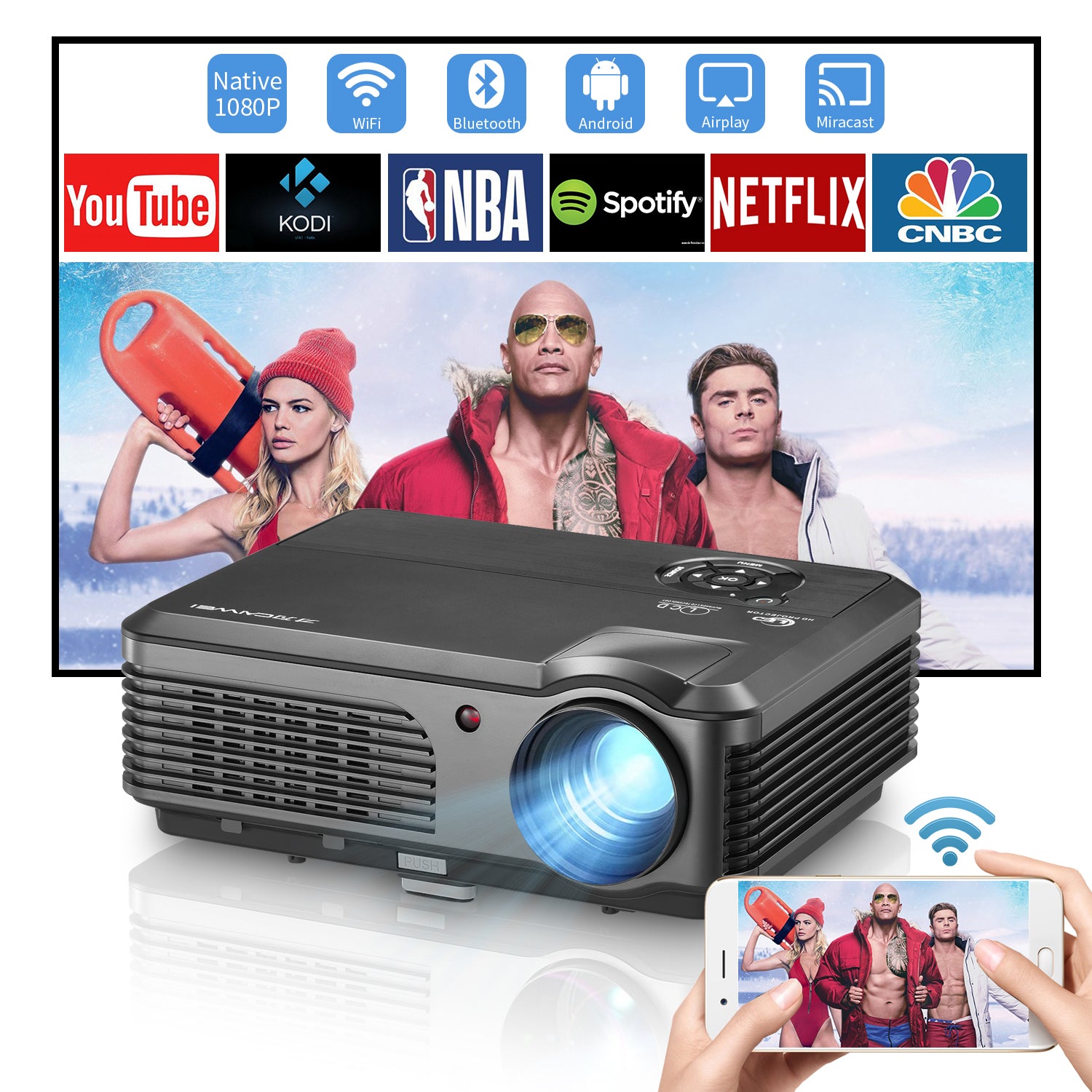 CAIWEI 1080P HD WiFi Projector with Android Bluetooth HDMI USB RCA HiF –  CAIWEISHOP