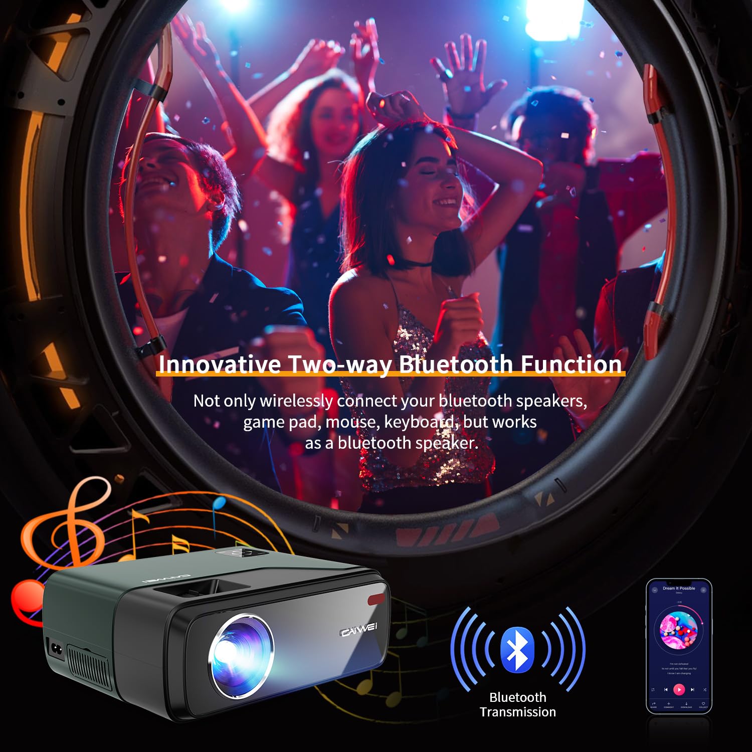 1080P Projector with WiFi and Two-Way high quality Bluetooth, Full HD Movie Projector for Out